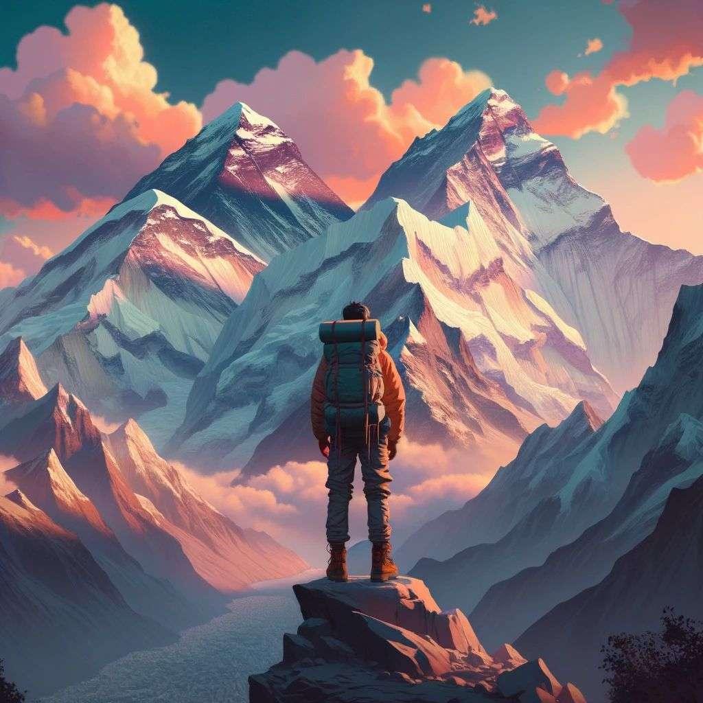 someone gazing at Mount Everest, digital art, 2.5D style